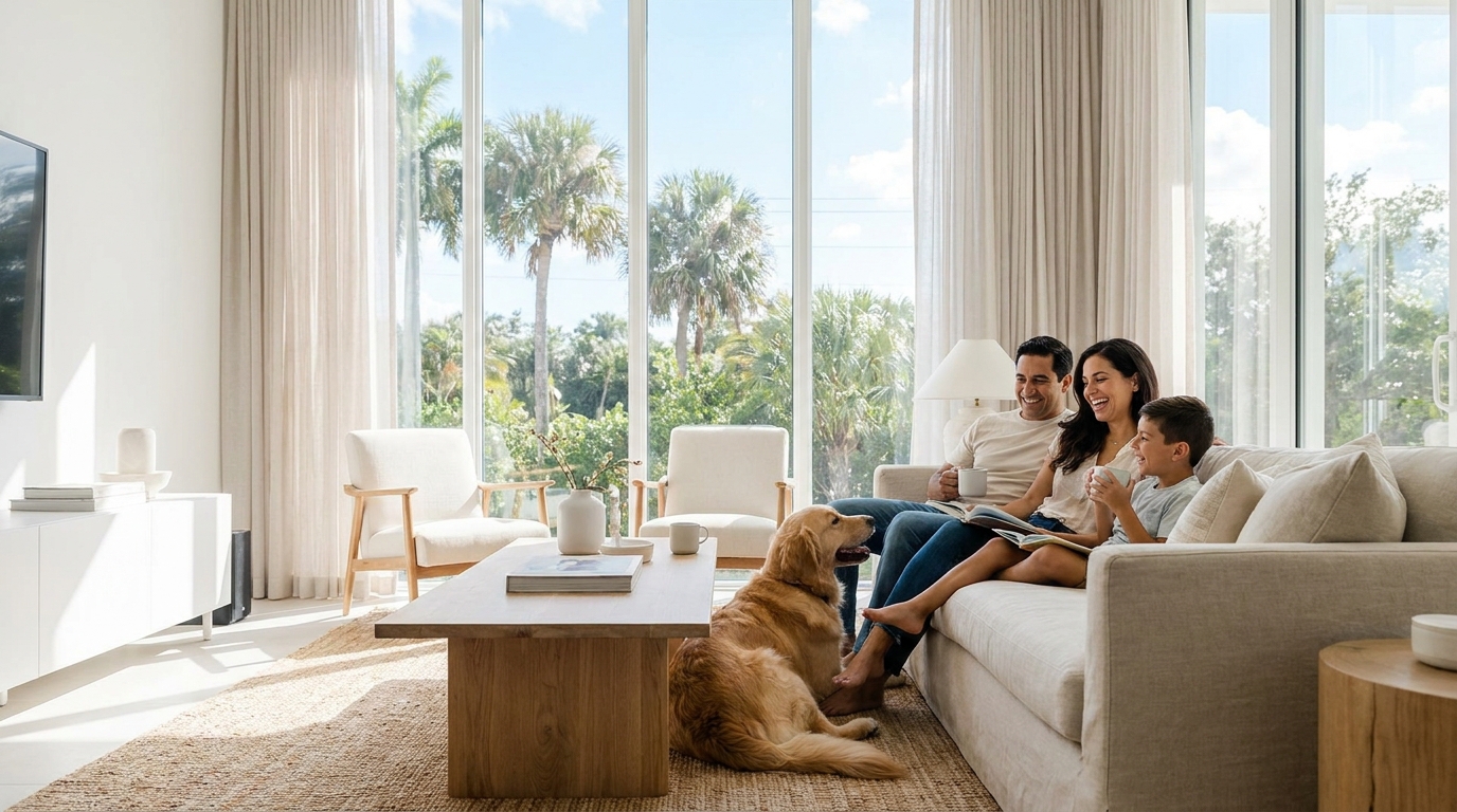 Happy family in their protected home